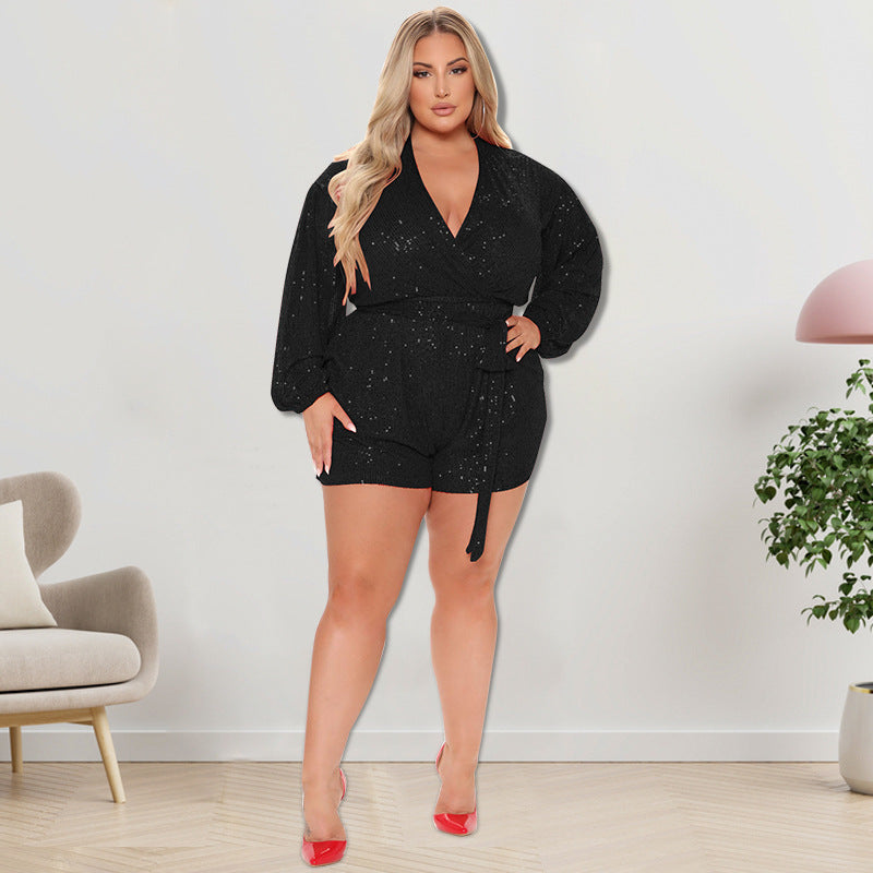 BamBam Plus Size Women's Sequins Long Sleeve V Neck Rompers - BamBam Clothing