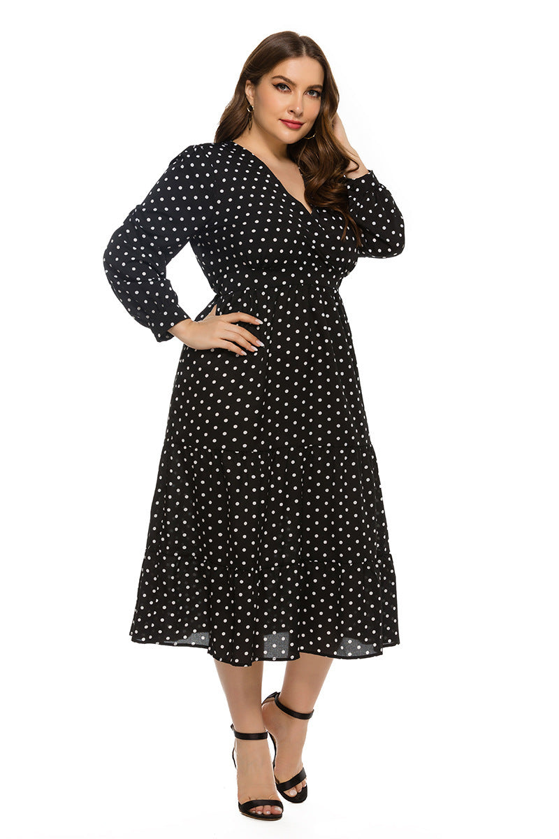 BamBam Autumn And Winter Women's Polka Dot Long Sleeve Plus Size Long Dress - BamBam