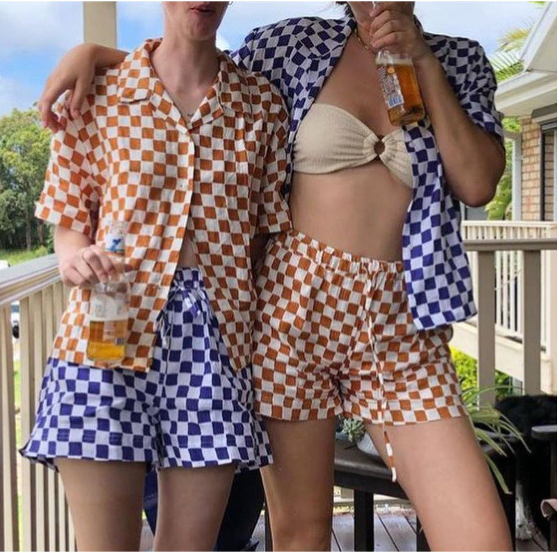 BamBam Women's Printed Shirt Shorts Home Beach Holidays Sports Casual Two-Piece Set - BamBam
