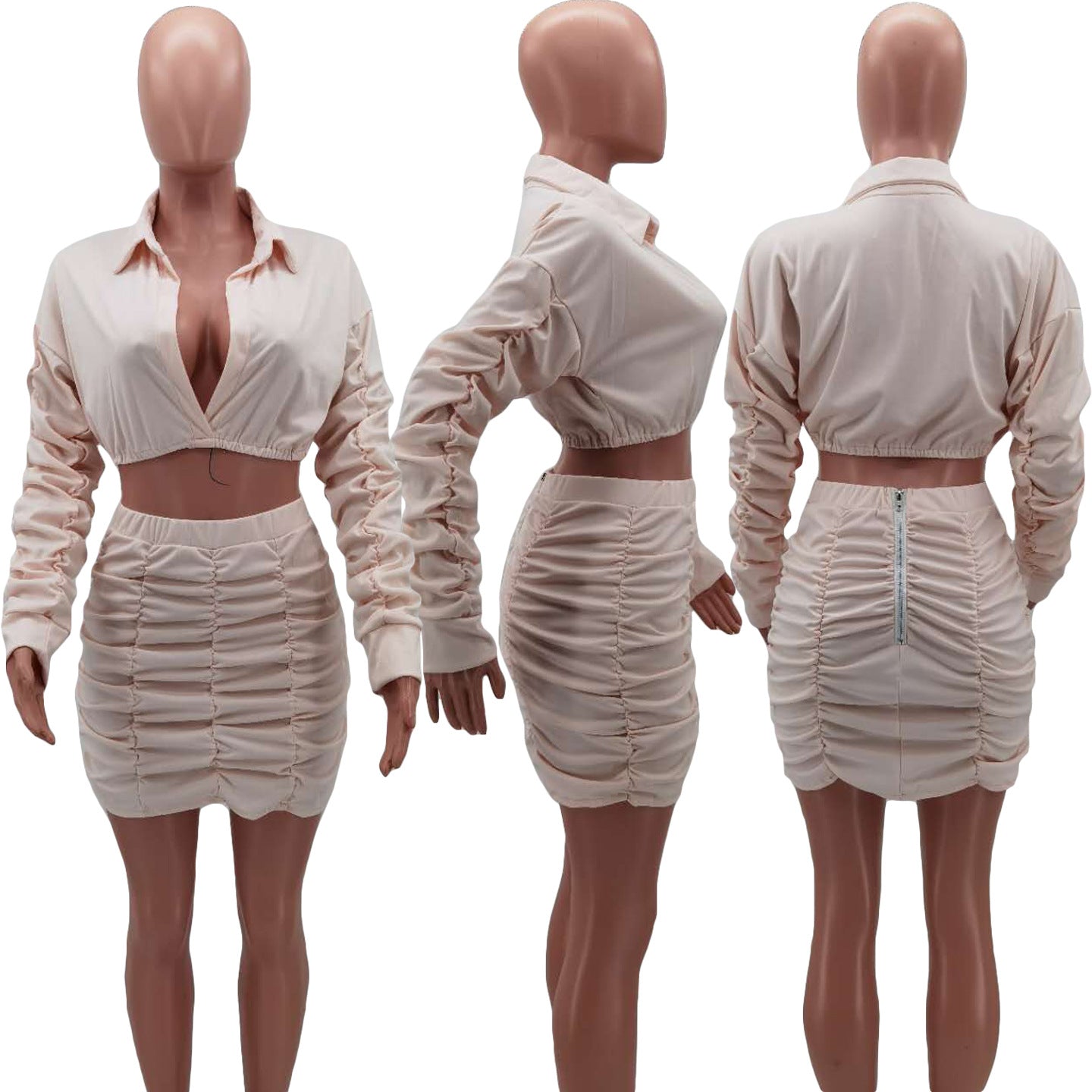 BamBam Women's Solid Long Sleeve Shirt Pleated Skirt Two Piece Set - BamBam