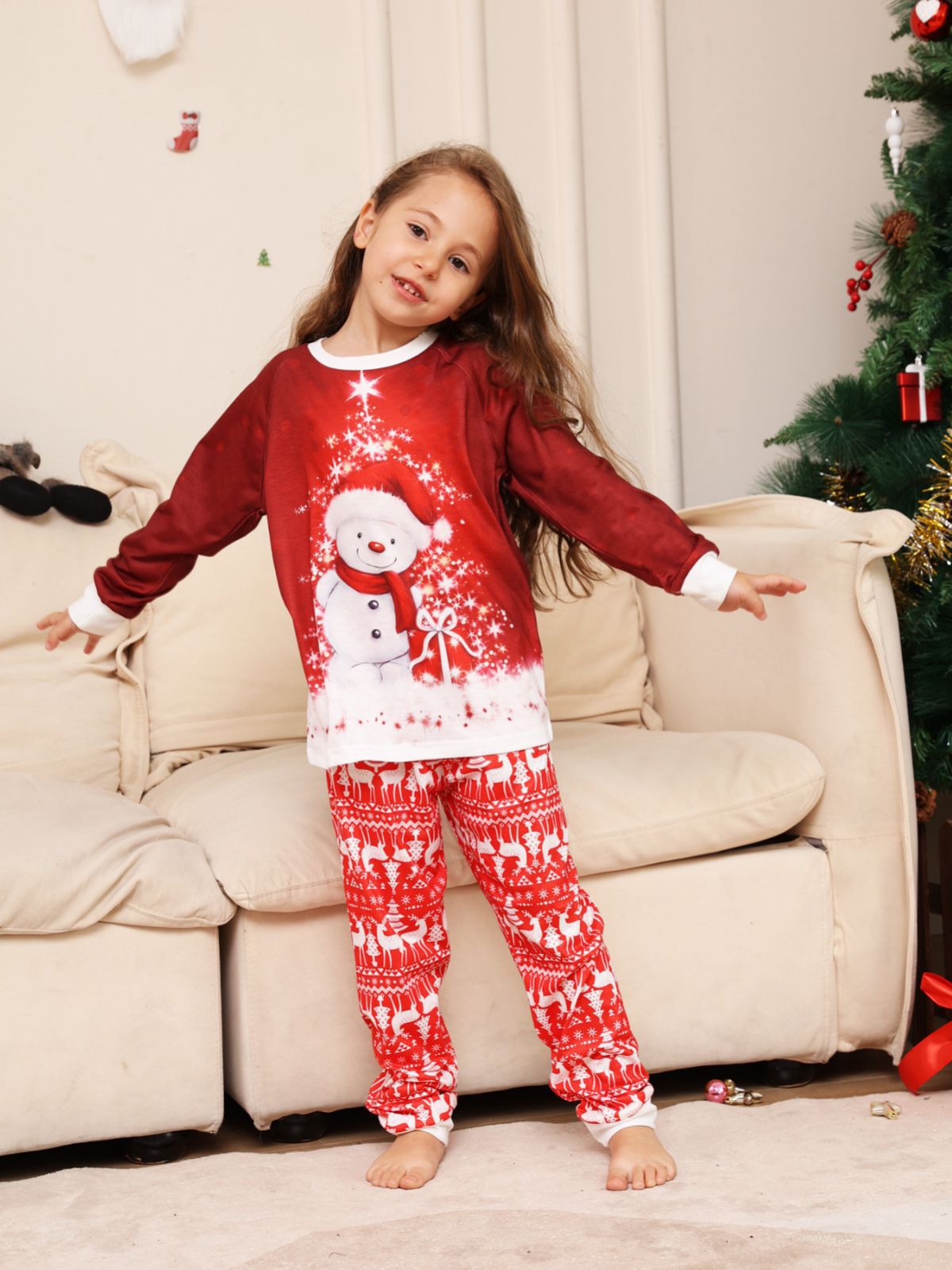 BamBam Christmas Family Wear Cartoon Snowman Fawn Printed Home Clothes Pajama Two-piece Set - BamBam