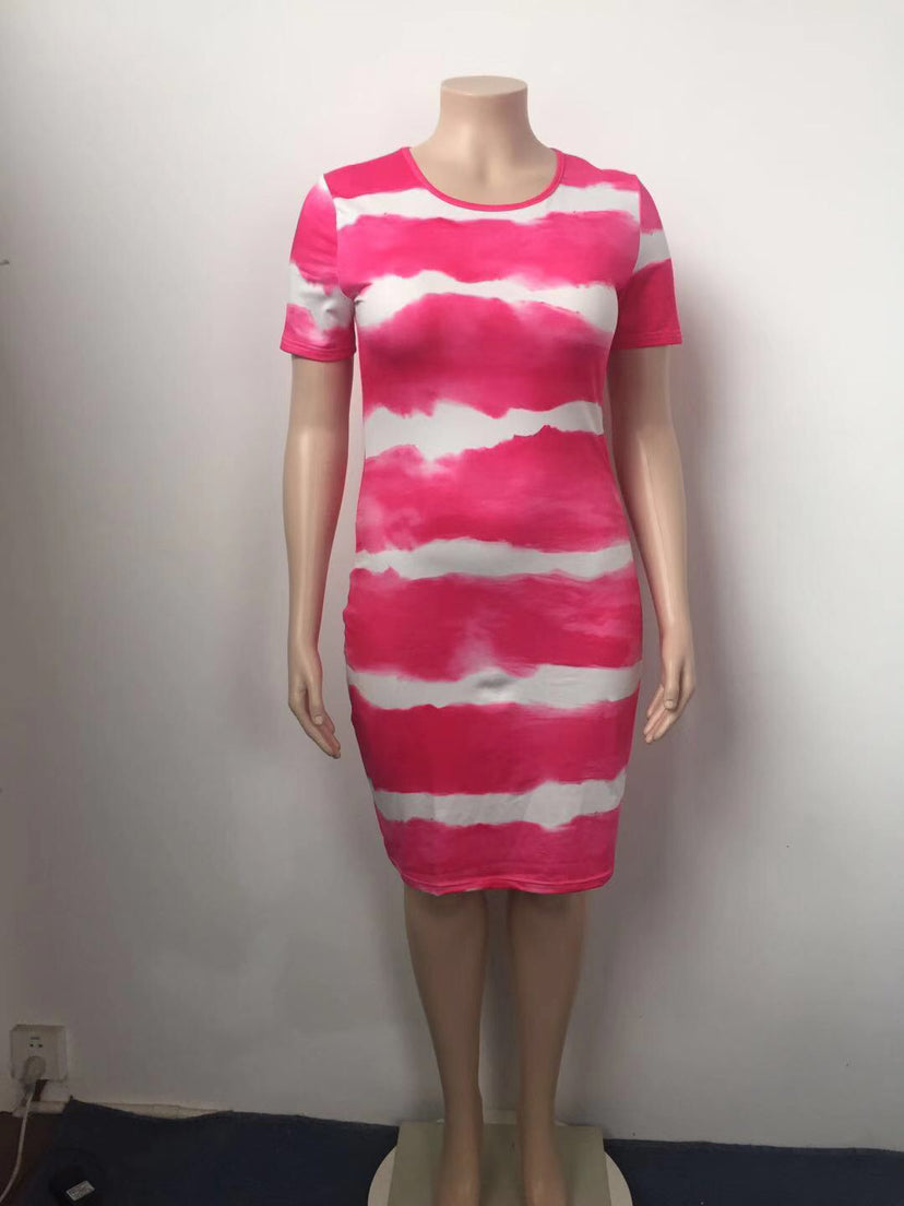 BamBam Ladies Classic Tie Dye Print Short Sleeve Plus Size Bodycon Dress - BamBam