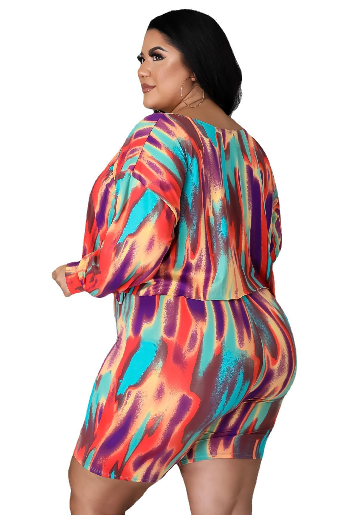 BamBam Plus Size Women Fall Multi-Color Print Top and Shors Two-piece Set - BamBam