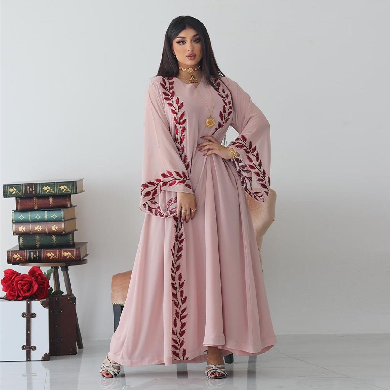 BamBam Fashion Street Summer Chiffon Long Muslim Embroidered Pink Round Neck Dress with Hijab - BamBam