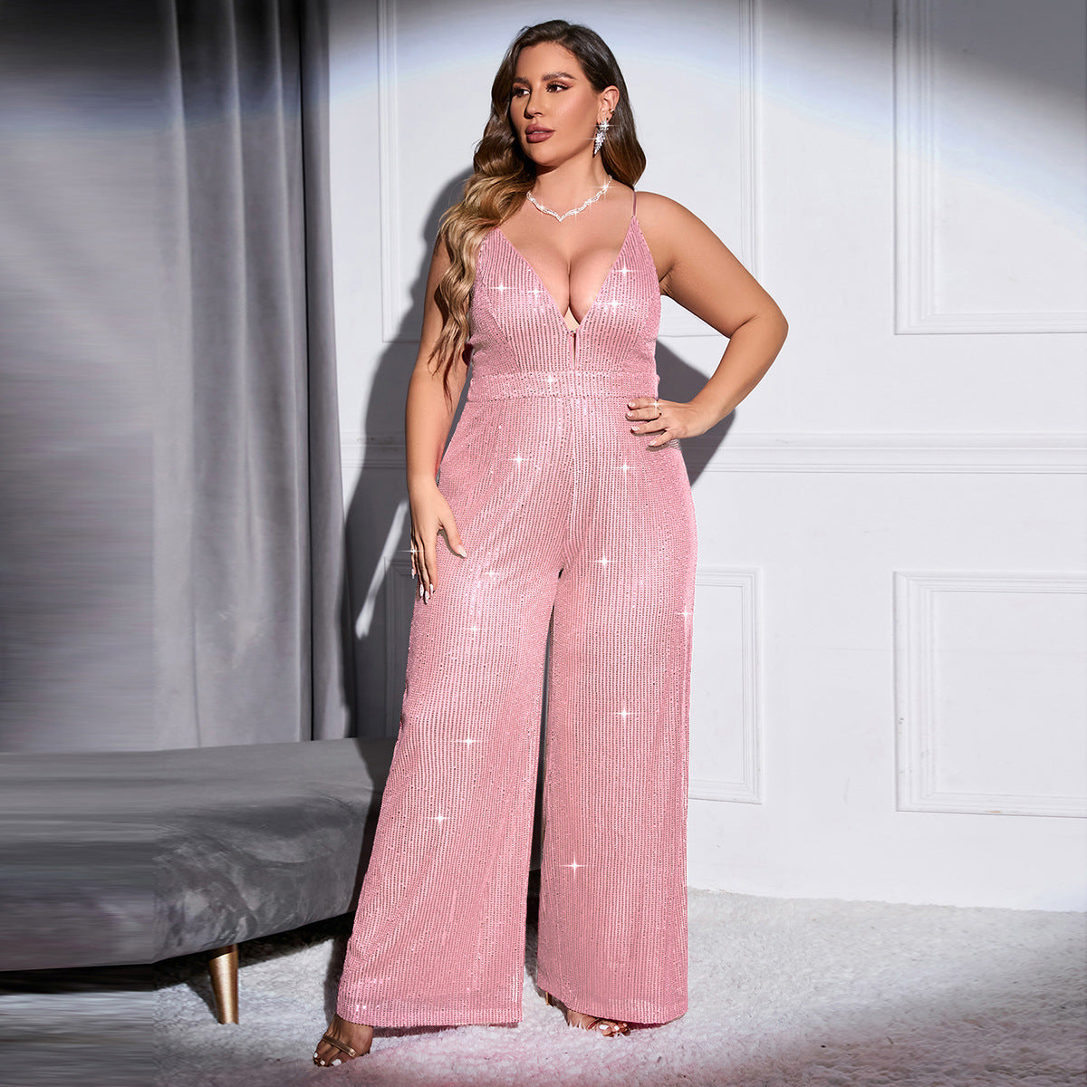 BamBam Plus Size Women's Sleeveless Low Back Solid Sequin Slim Fit Fashion Suspender Jumpsuit - BamBam Clothing