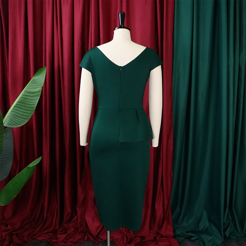 BamBam Women Summer Green Modest O-Neck Short Sleeves Solid Slit Midi Pleated Office Dress - BamBam