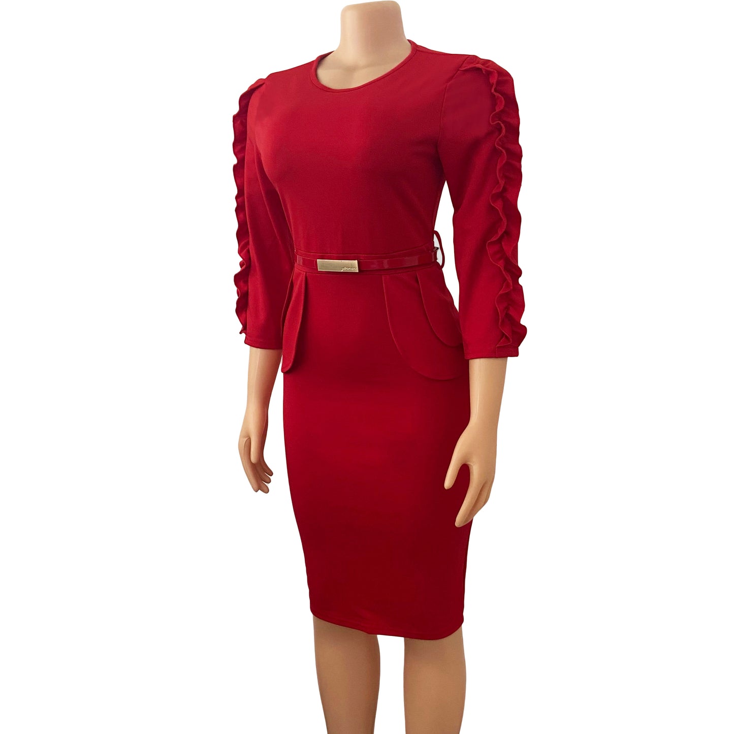 BamBam Spring African Red Round Neck Three Quarter Sleeve Ruffles With Belt Office Dress - BamBam