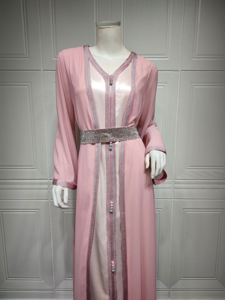 BamBam Women Spring Pink Tape Belted Islamic Clothing Kaftan Abaya Muslim Dress two piece set - BamBam