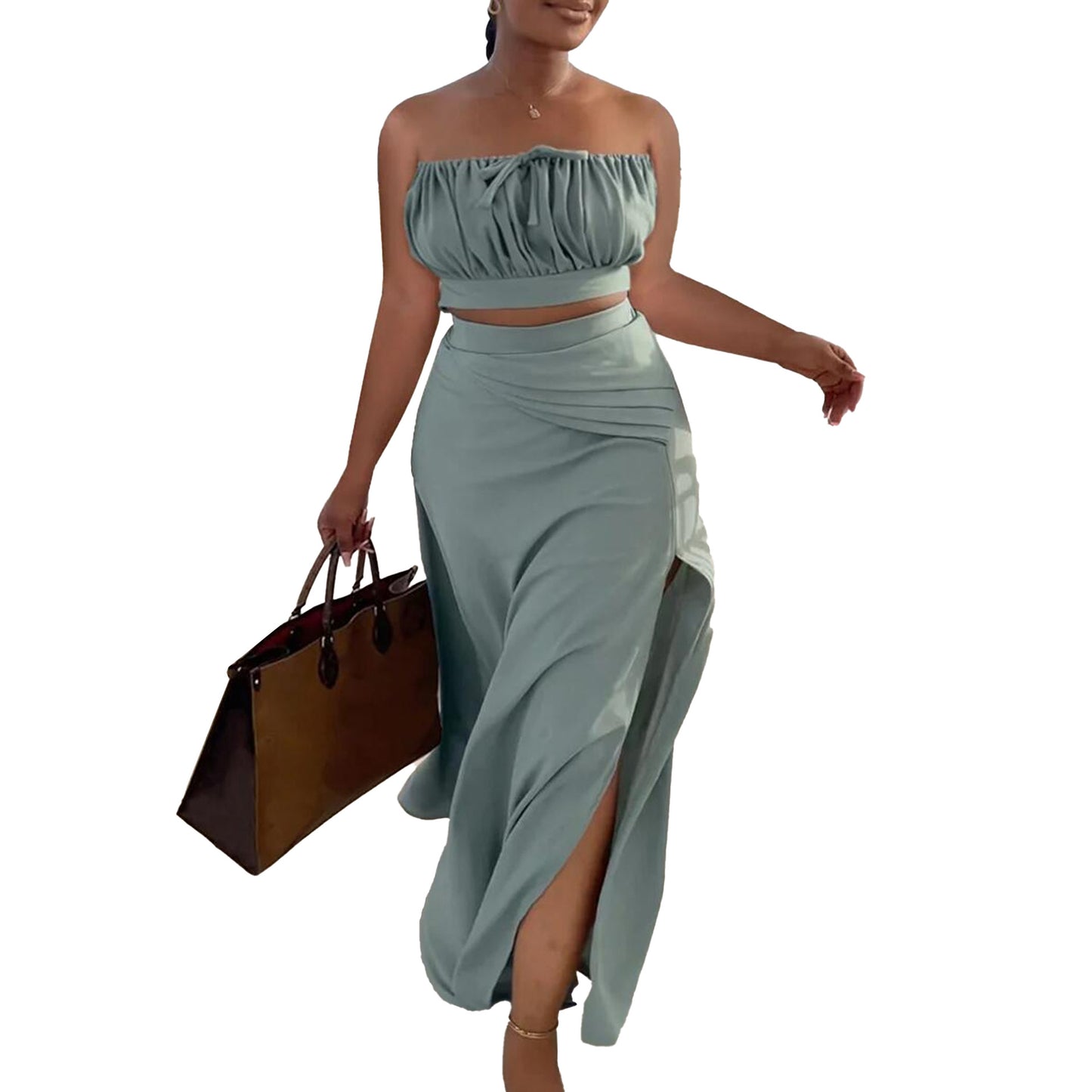 BamBam Sexy Strapless Slit Maxi Skirt Two Piece Set - BamBam