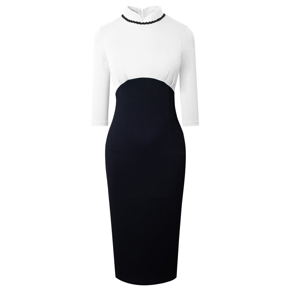 BamBam Women Elegant Round Neck Zip Colorblock Bodycon Dress - BamBam