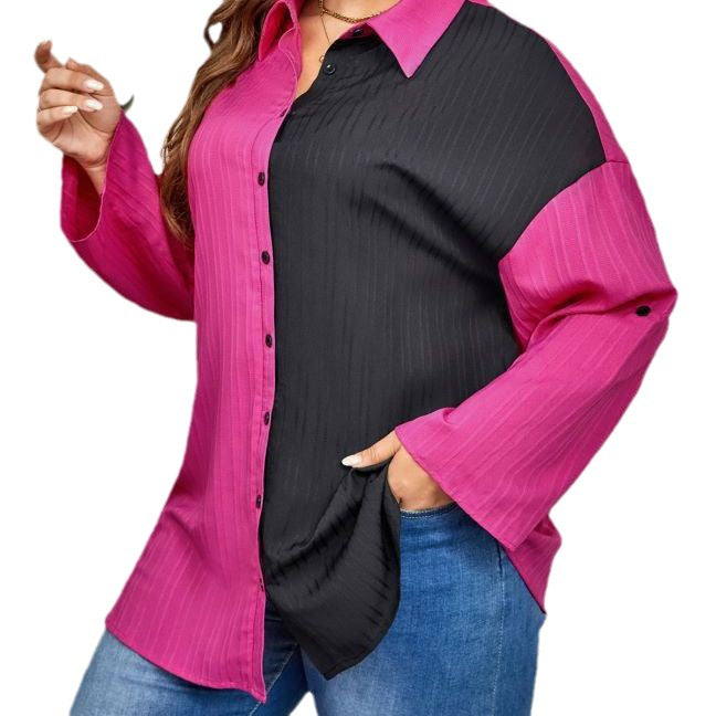 BamBam Chic Elegant Career Long Sleeve Turndown Collar Color Block Shirt Top - BamBam