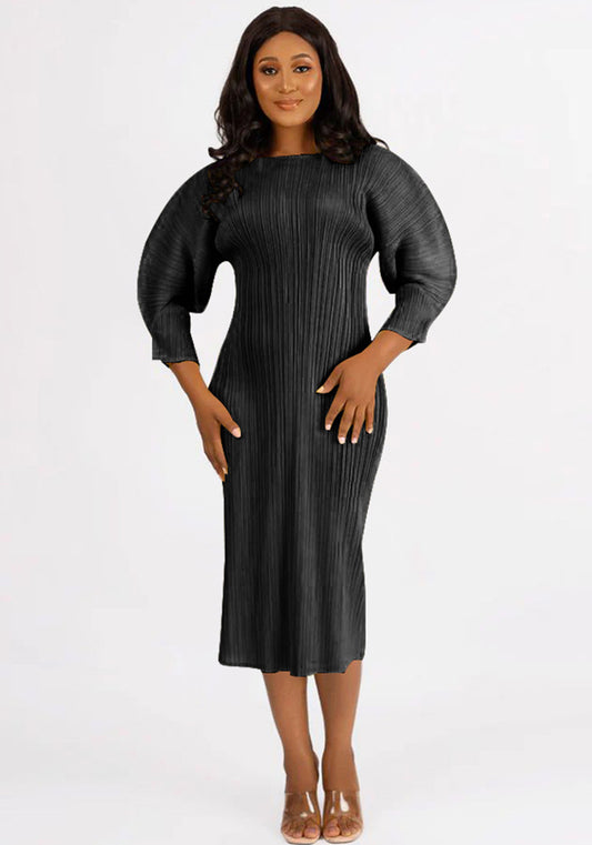 Women's Plus Size African Solid Color Texture Pleated Dress