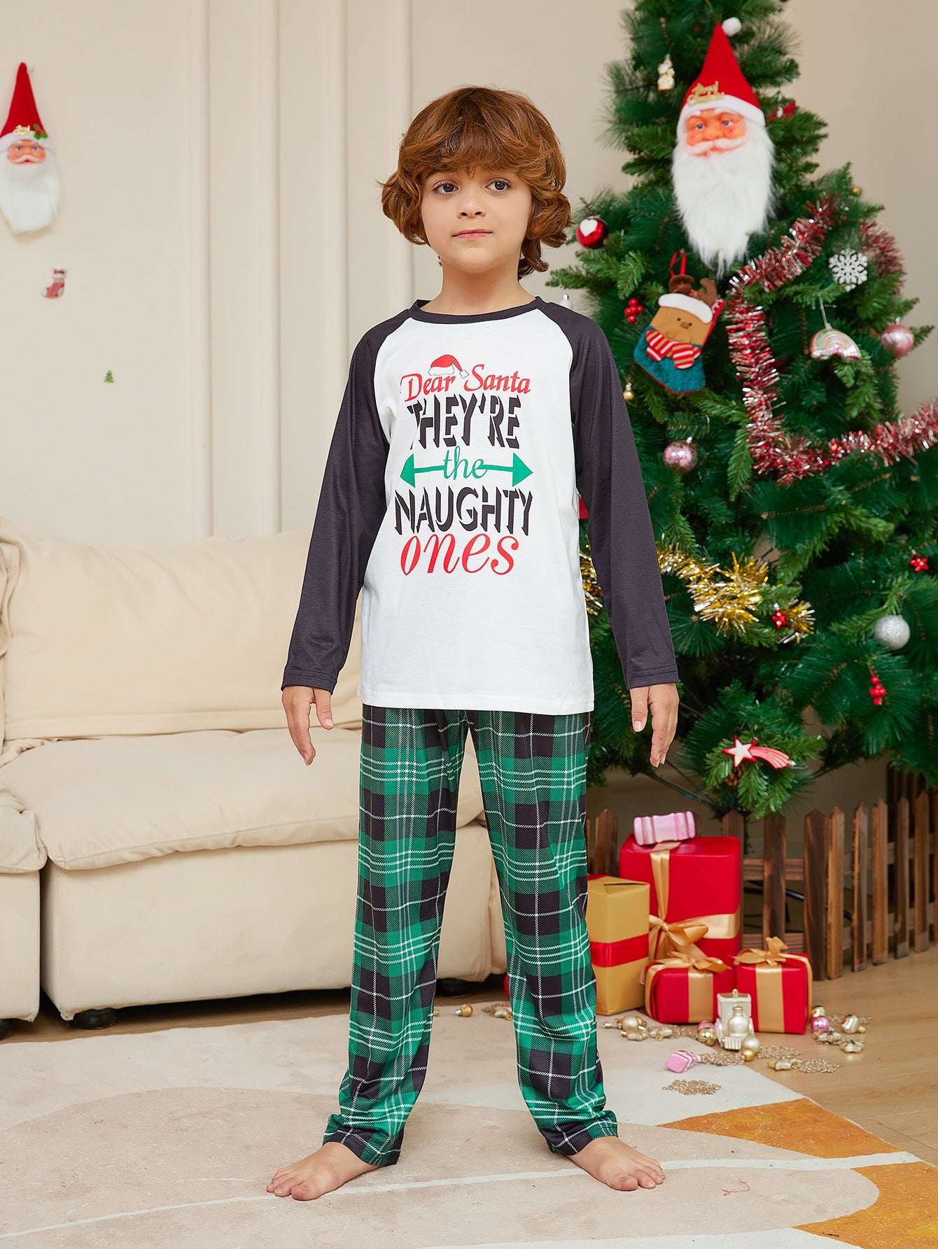 BamBam Christmas Family Wear Letter Green Plaid Print Home Clothes Pajama Two-piece Set - BamBam