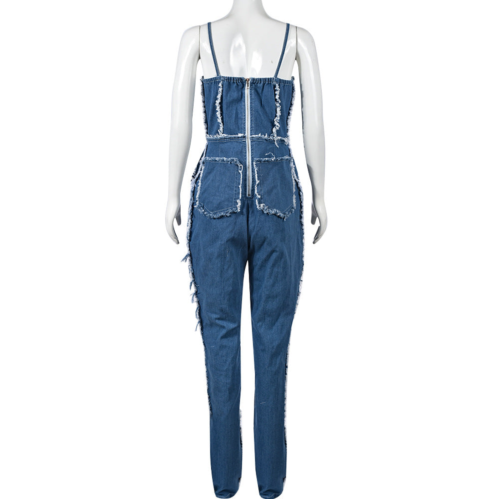 BamBam Women Sexy Cutout Tassel Zipper Suspenders Denim Jumpsuit - BamBam Clothing