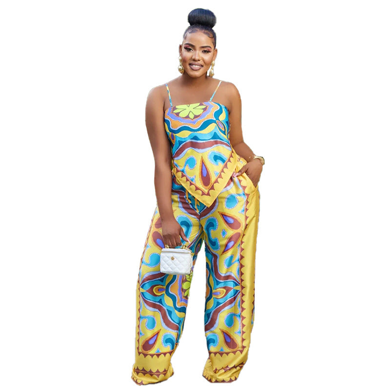 BamBam Women summer printed sexy suspenders Top and straight pants two-piece set - BamBam