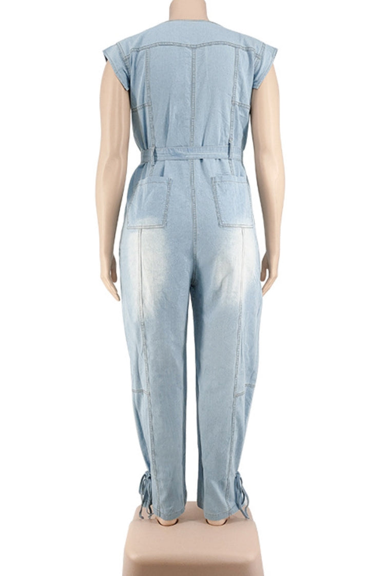 BamBam Summer Plus Size Sleeveless Denim Jumpsuit with Belt - BamBam Clothing