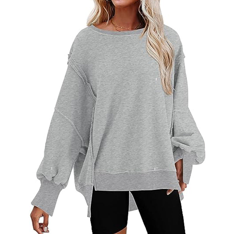 BamBam Women's Fall/Winter Oversized Round Neck Sweatshirt Side Slit Long Sleeve T-Shirt - BamBam