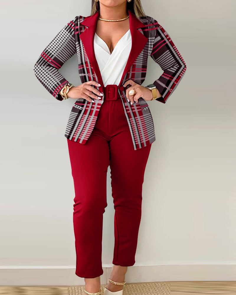 BamBam Women autumn and winter Blazer and trousers two-piece set with belt - BamBam Clothing