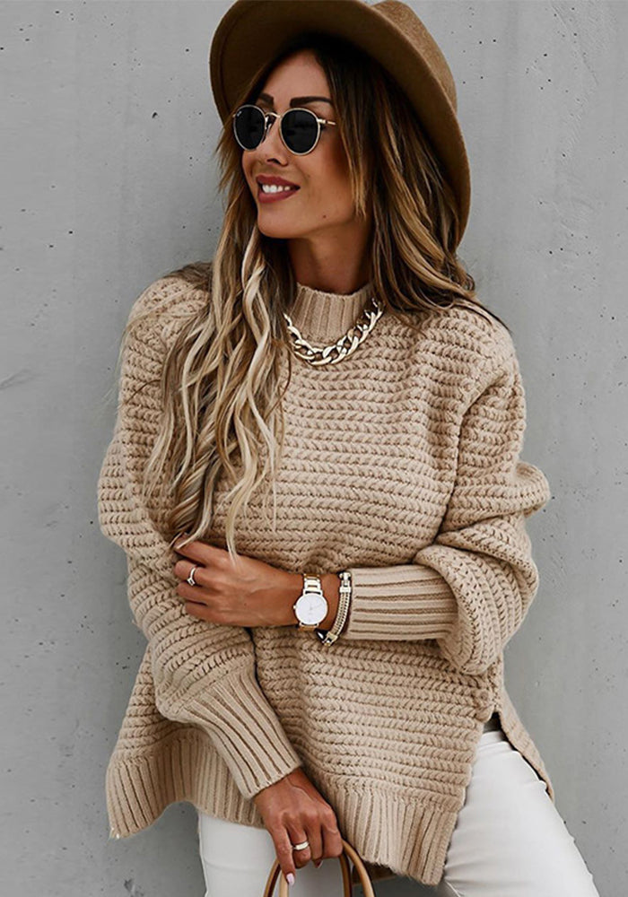 Women Half Turtle Collar Loose Solid Long Sleeve Side Slit Knitting Sweater