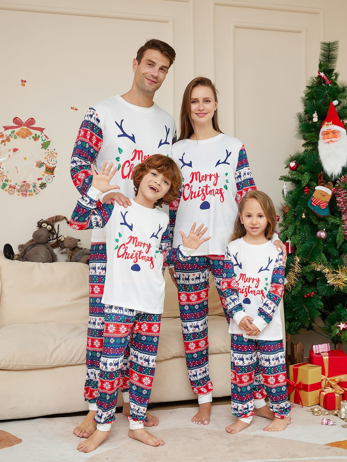 BamBam Christmas Cartoon Letter Antler Print Family Pajama Two Piece Set - BamBam