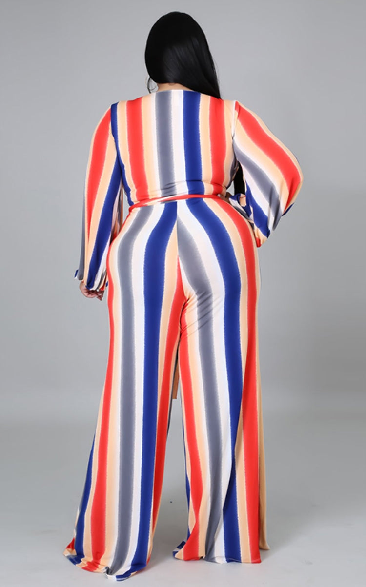 BamBam Autumn Plus Size Colorful Stripes V-Neck Jumpsuit with Belt - BamBam Clothing