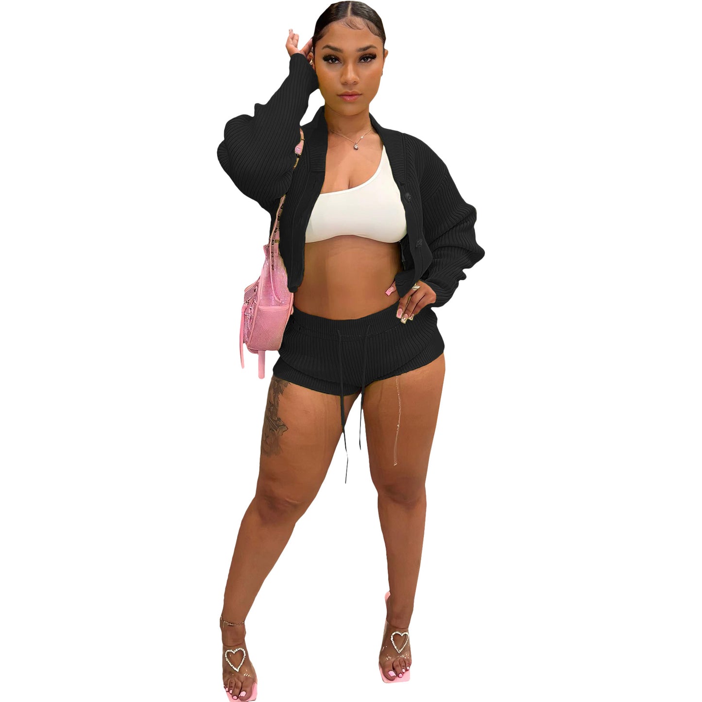 BamBam Women knitting Turndown Collar long-sleeved Top and shorts Casual two-piece set - BamBam