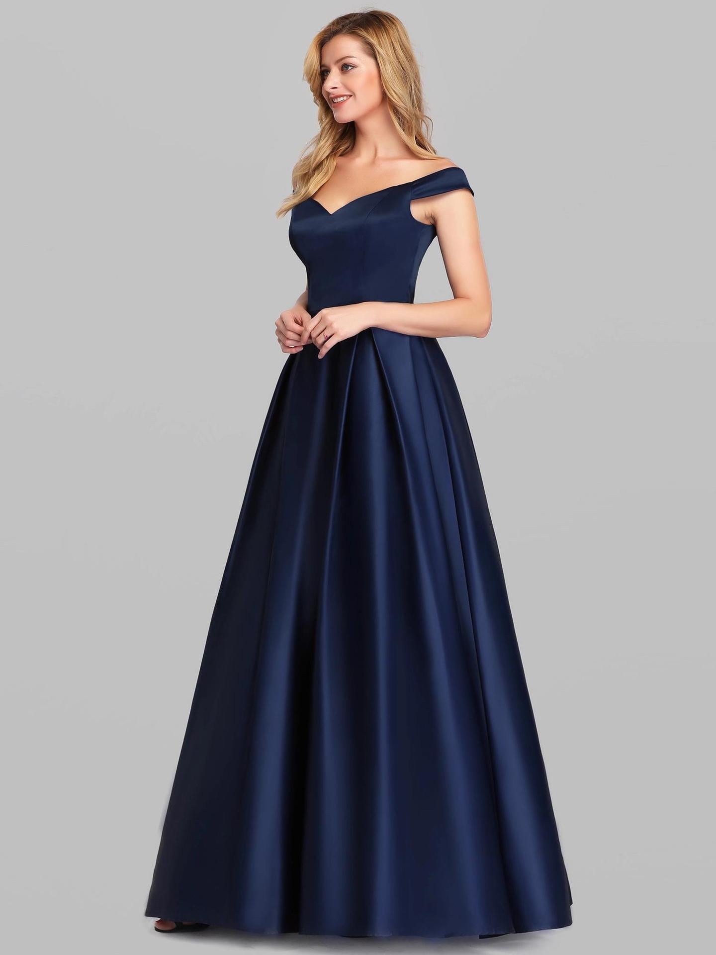 Women'S Off Shoulder V-Neck Solid Color Retro Long Evening Dress