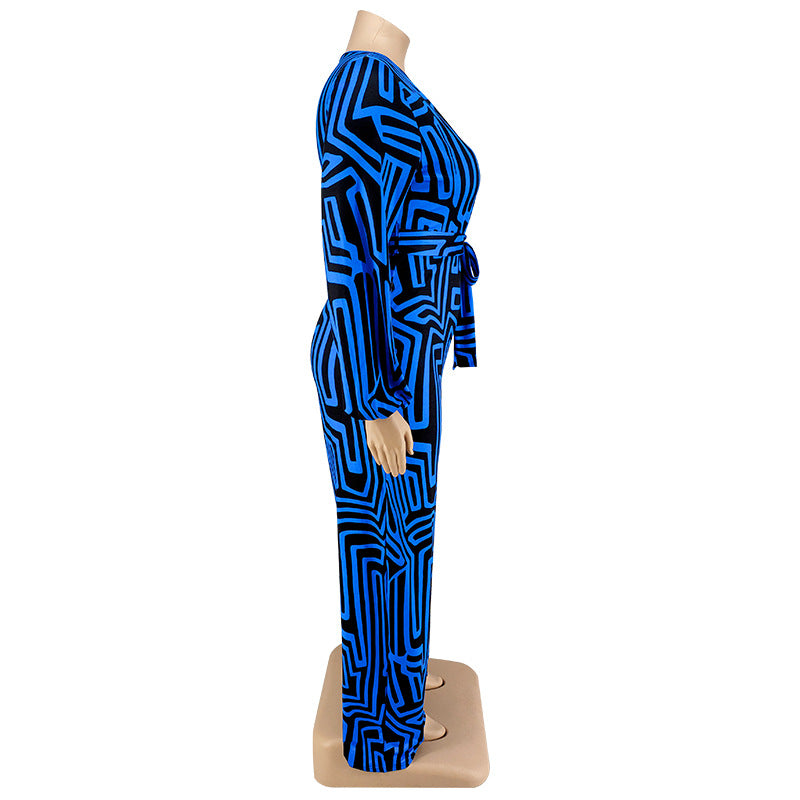 BamBam Plus Size Women'S Print Long Sleeve Wrap Wide Leg Jumpsuit - BamBam Clothing