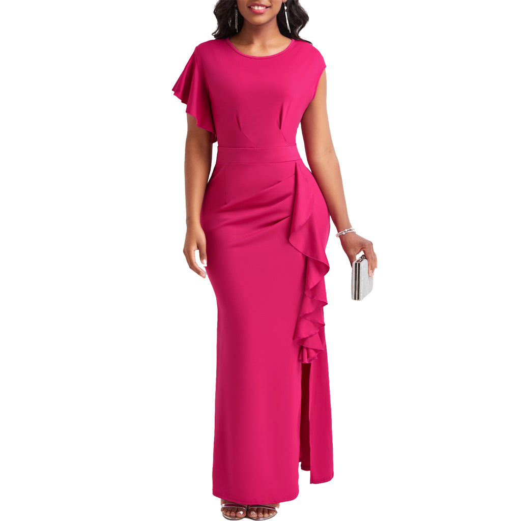 BamBam Sexy Fashion Solid Color Round Neck Ruffle Women's Dress - BamBam Clothing