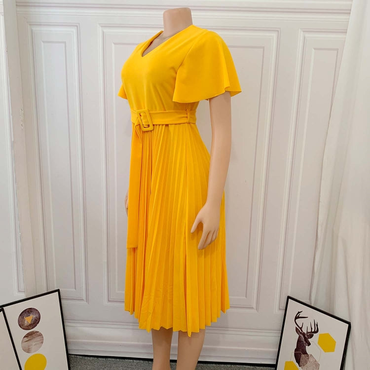 BamBam Autumn Formal Yellow V-Neck Pleated Office Dress with Belt - BamBam