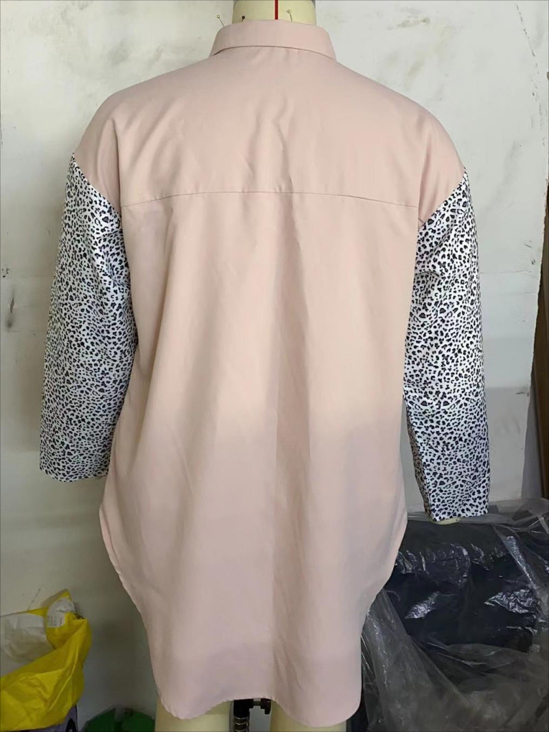 BamBam Plus Size Women Shirt Leopard Patchwork Loose Long Sleeve Top - BamBam