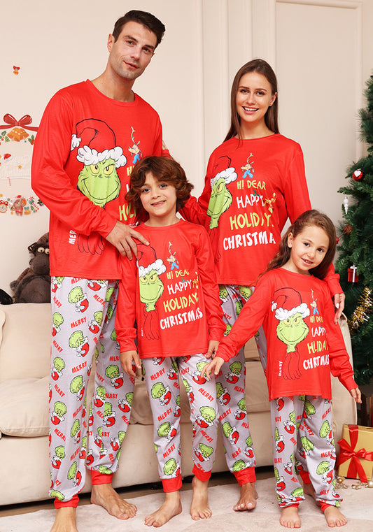 Christmas Family Wear Letter Cartoon Monster Printed Home Clothes Pajama Two-piece Set