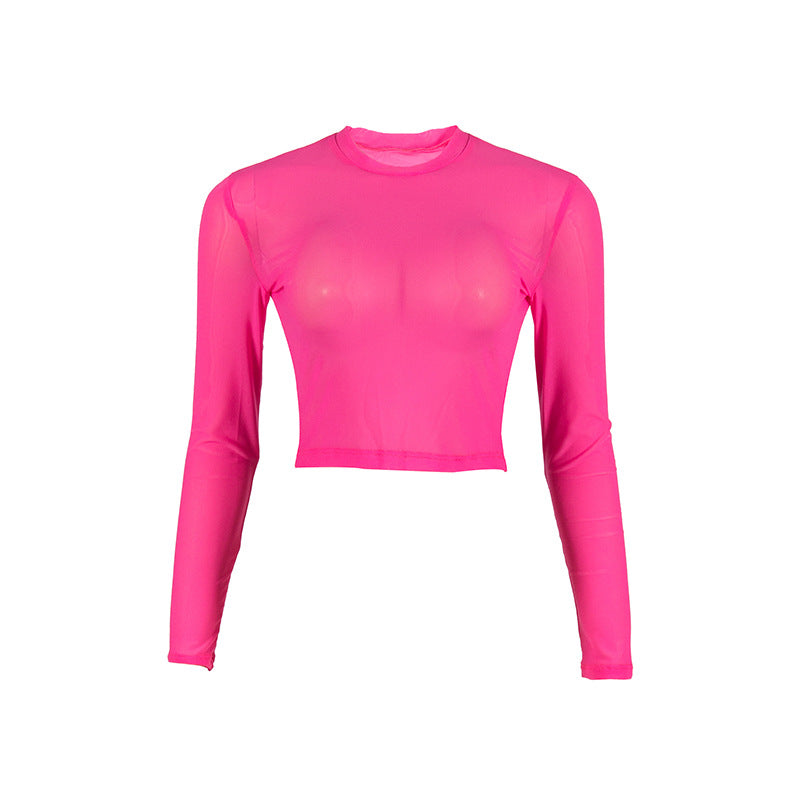 BamBam Women Summer Sexy Solid Round Neck Mesh See-Through Long Sleeve Crop Top - BamBam