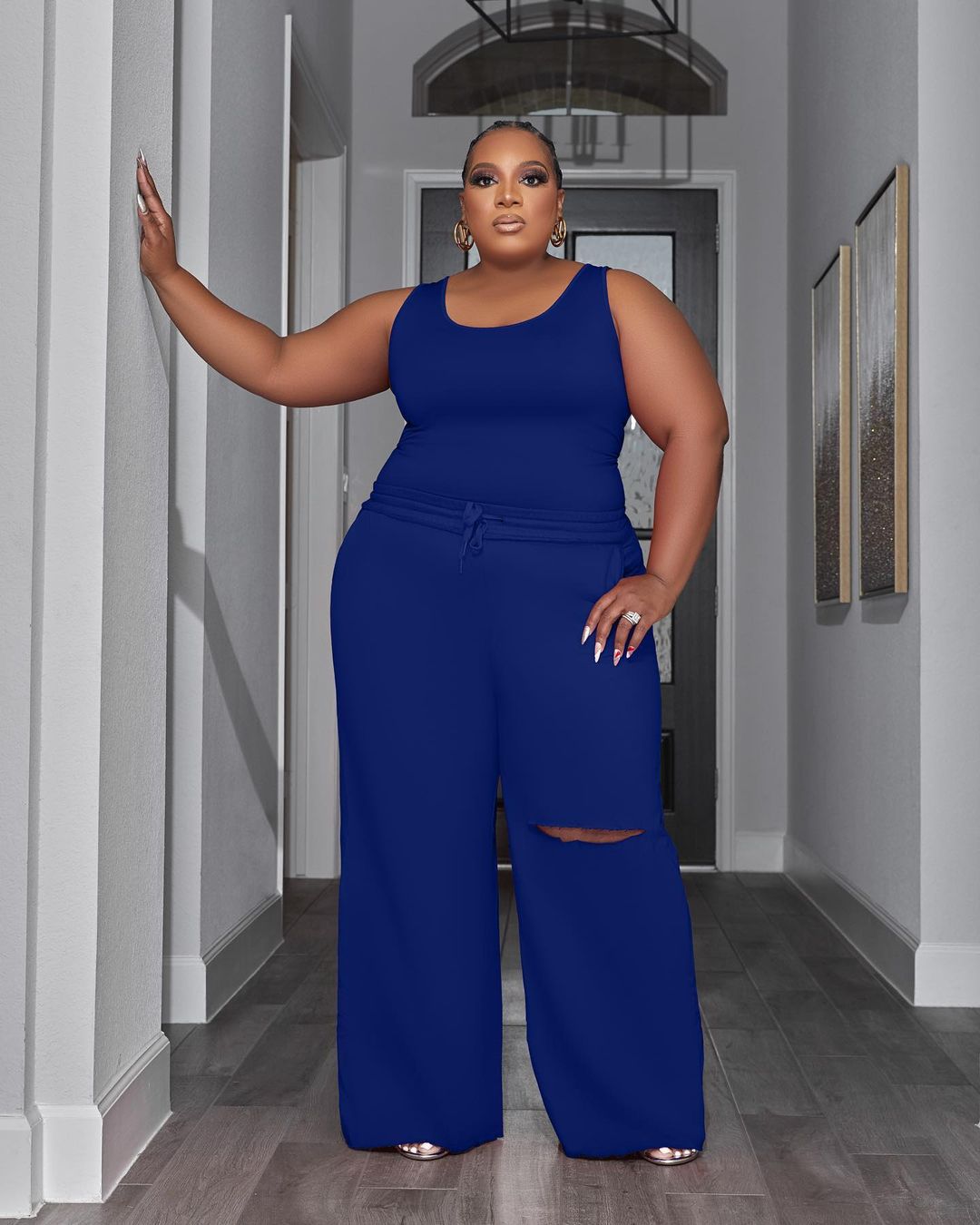 BamBam Plus Size Women Top and Ripped Wide Leg Pants Set of Two - BamBam