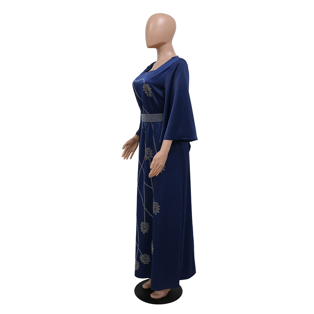 BamBam Muslim Abaya Leaf Pattern Beaded Dubai Robe Dress With Diamond Belt - BamBam