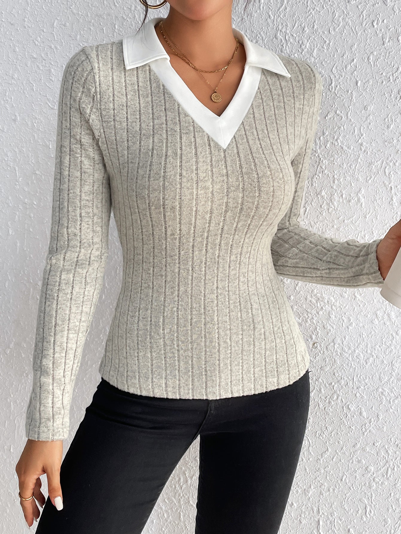 BamBam Autumn Women long sleeve knittingv collar knitting Basic Top - BamBam