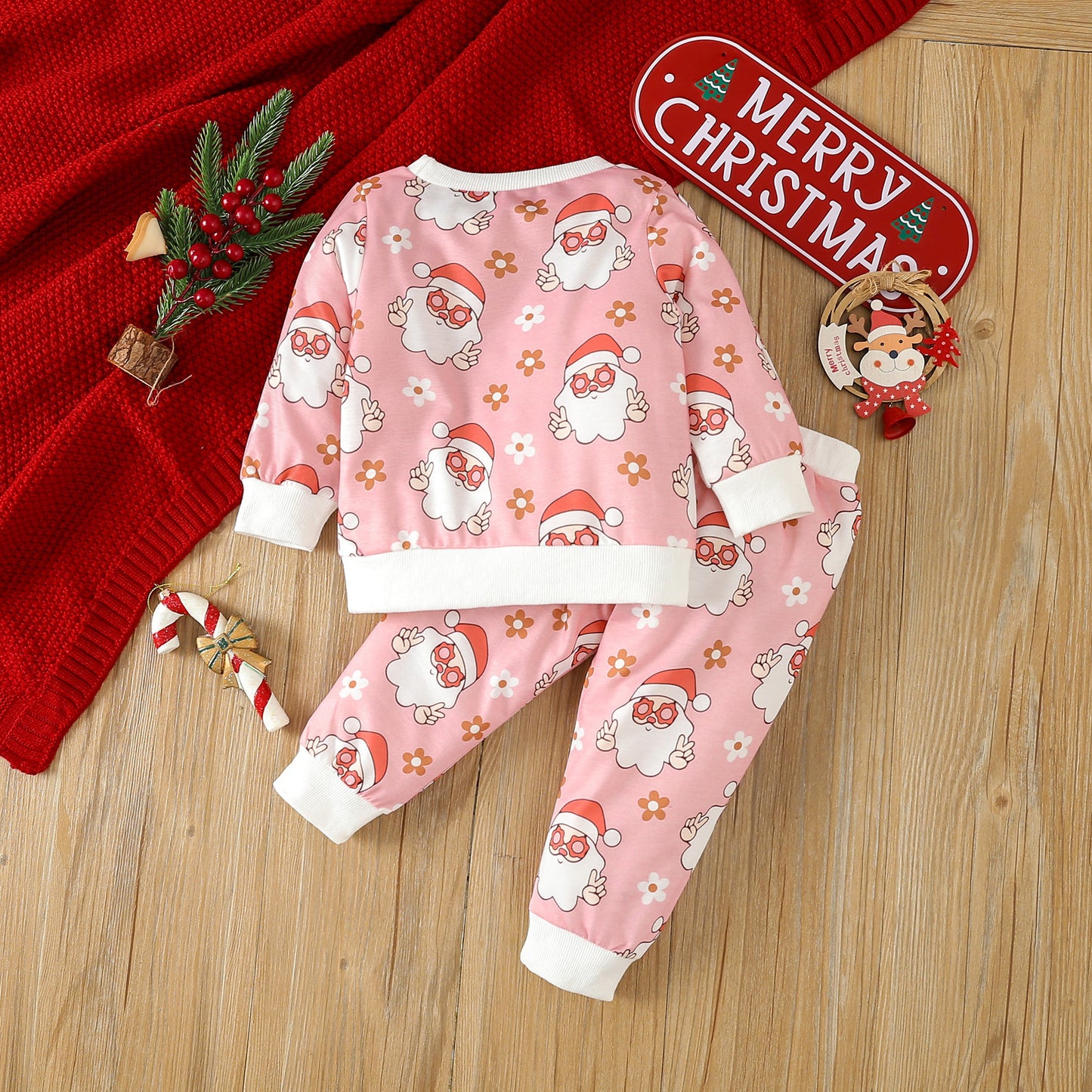 BamBam Christmas Girl cartoon Santa Claus printed long-sleeved Top and Pant two-piece set - BamBam