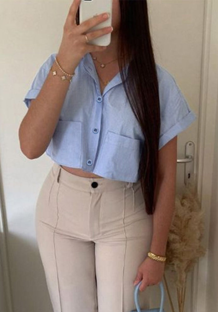 Summer Fashionable And Versatile Turndown Collar Short-Sleeved Striped Pocket Shirt Top