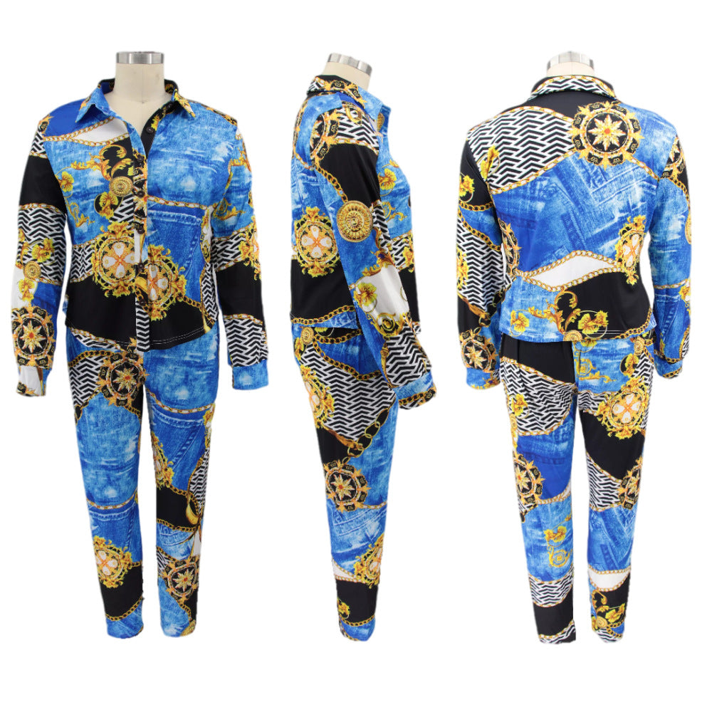 BamBam Plus Size Women Vintage Printed Long Sleeve Shirt + Pants Two-Piece Set - BamBam Clothing