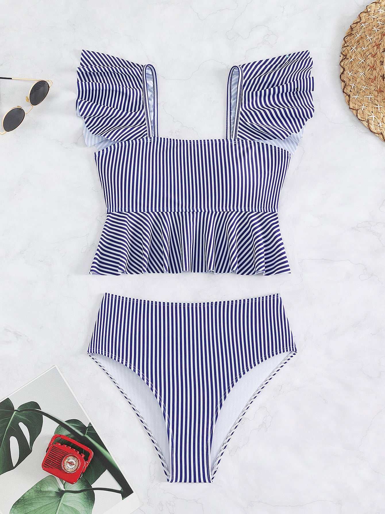 BamBam Bikini Stripe Ruffle High Waist Sexy Low Back Bikini Swimsuit - BamBam