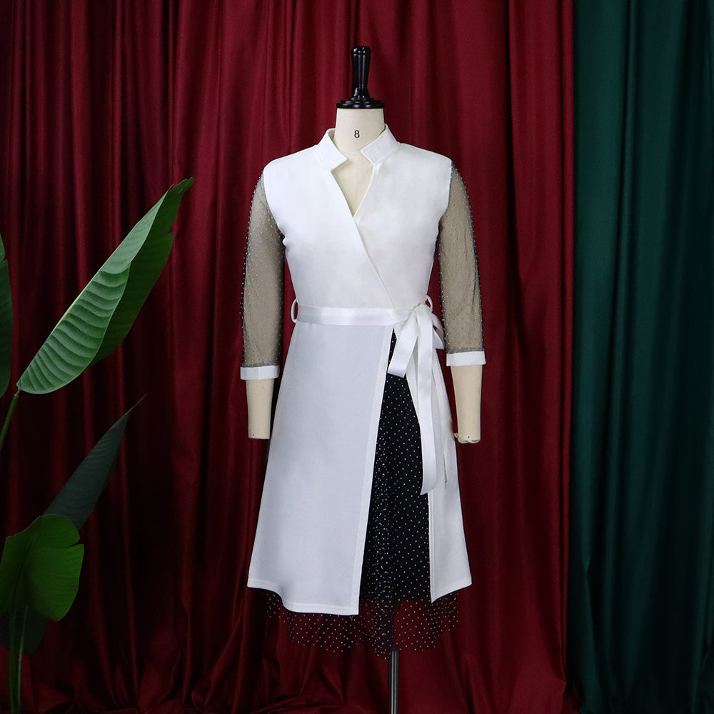 BamBam Autumn Plus Size Formal Mesh Patch Polka Dot White Knee-Length Office Dress - BamBam