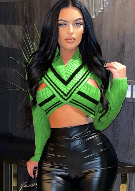 Women Spring Green Knitting Hollow Out Long Sleeve Crop Top