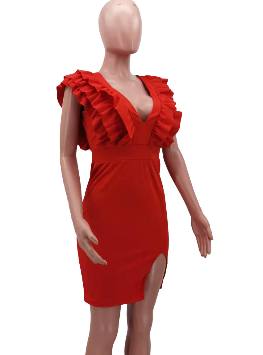 BamBam Summer Sexy Red Deep V Neck Ruffles Short Sleeve Slit Dress - BamBam Clothing Clothing