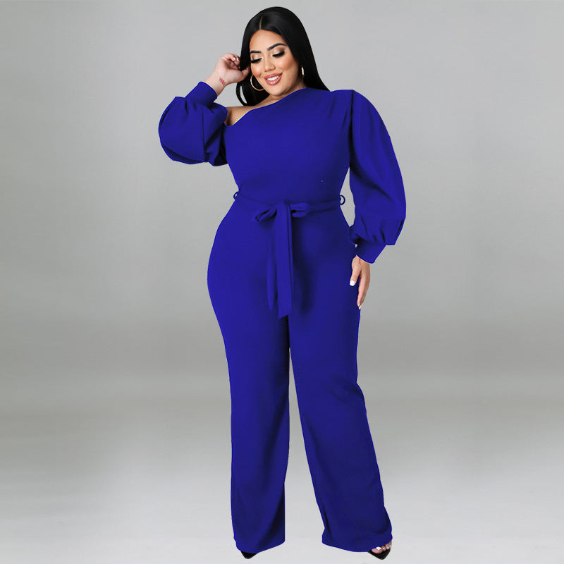 BamBam Plus Size Women Solid Balloon Sleeve Slash Shoulder Belted Jumpsuit - BamBam Clothing