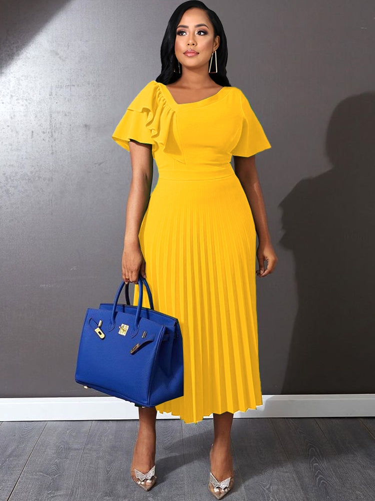 BamBam Women Summer Yellow Modest Slash Neck Short Sleeves Solid Ruffles Midi Pleated Office Dress - BamBam