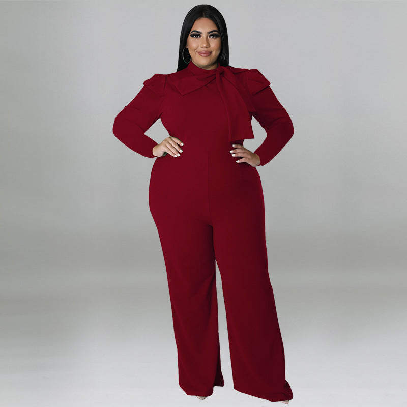 BamBam Plus Size Women Solid Color Bow Long Sleeve Jumpsuit - BamBam Clothing