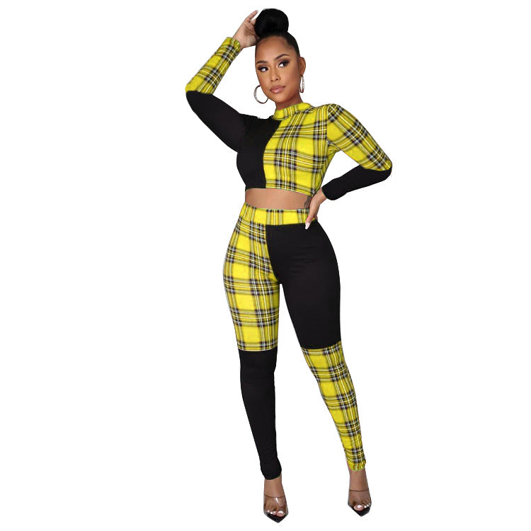 BamBam Women Sexy Plaid Color Block Top and Pant Two-piece Set - BamBam