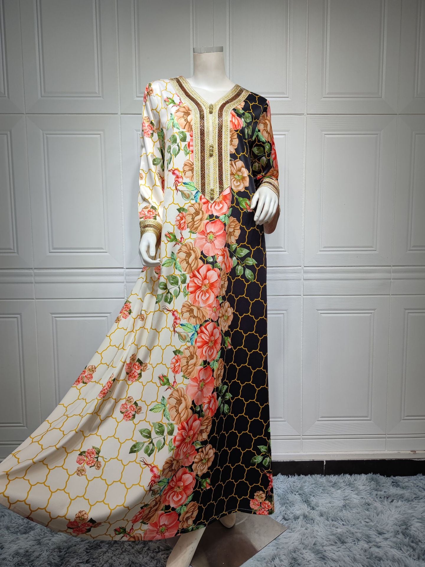 BamBam Swing Ethnic Lace Beaded Long Sleeve Loose abaya Positioning Print Muslim Dress - BamBam