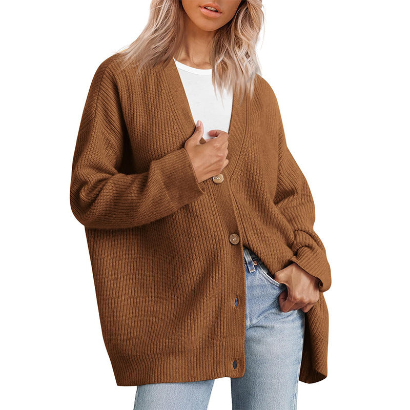 BamBam Knitting Cardigan Women's Button V-Neck Solid Color Sweater For Women - BamBam