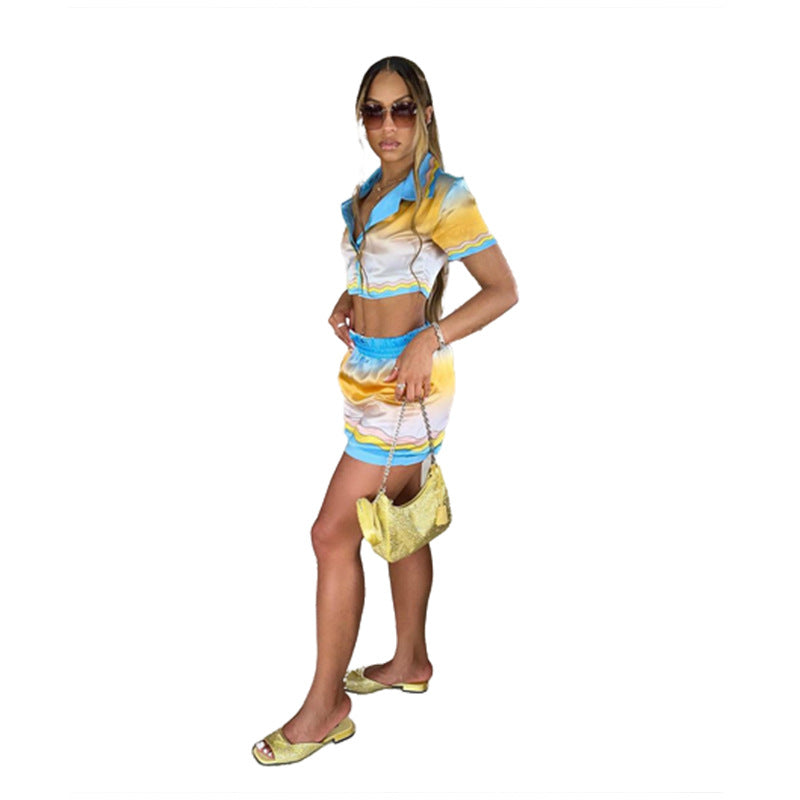 BamBam Summer Women Sexy Turndown Collar Contrasting Color Short Sleeve Top and Shorts Two-Piece Set - BamBam
